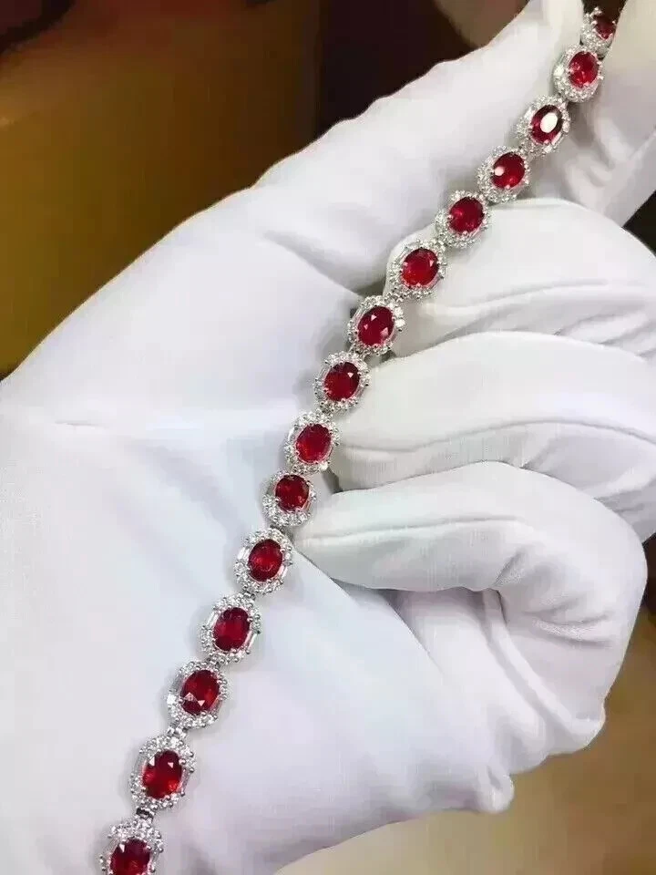 9Ct Oval Cut Lab Created Red Ruby Women's Tennis Bracelet 14K White Gold Plated - Image 3 of 4