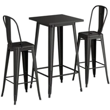 24" Square Black Metal Restaurant Bar Table Set with 2 Cafe Barstool For Outdoor