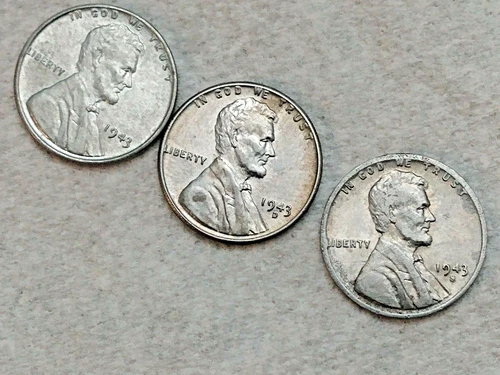 1943 P D S Lincoln Steel Wheat Cent Penny Set 3 Coins Lot# 50 100 Looks Like AU