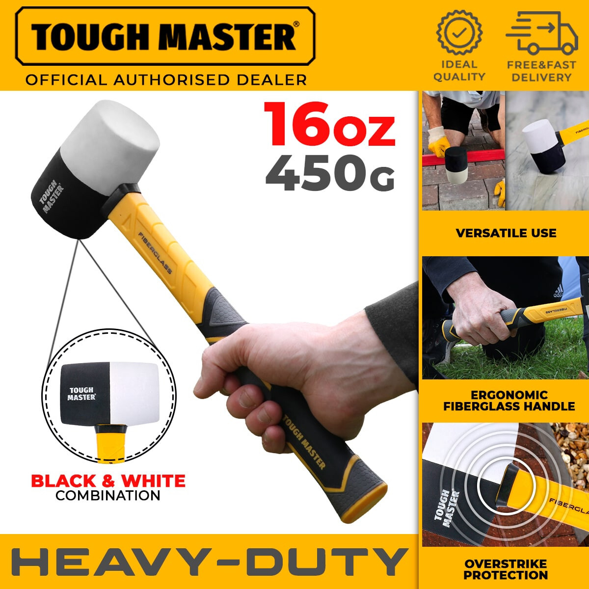 Rubber Mallet 16oz Hammer Camping Building Paving Tiling Tool Fiberglass Shaft