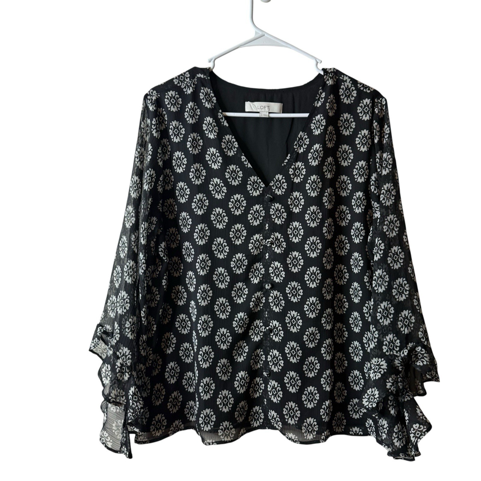 Loft Black White Patterned Button Ruffle Sleeve B… - image 1