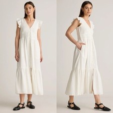 QUINCE Smocked Tiered Midi Dress XS Ivory White Textured Cotton Cottagecore Boho