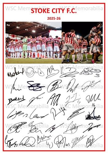 12235. 2025-26 Stoke City Signed Team Photo Sheet (PRINTED AUTOGRAPHS - A4)