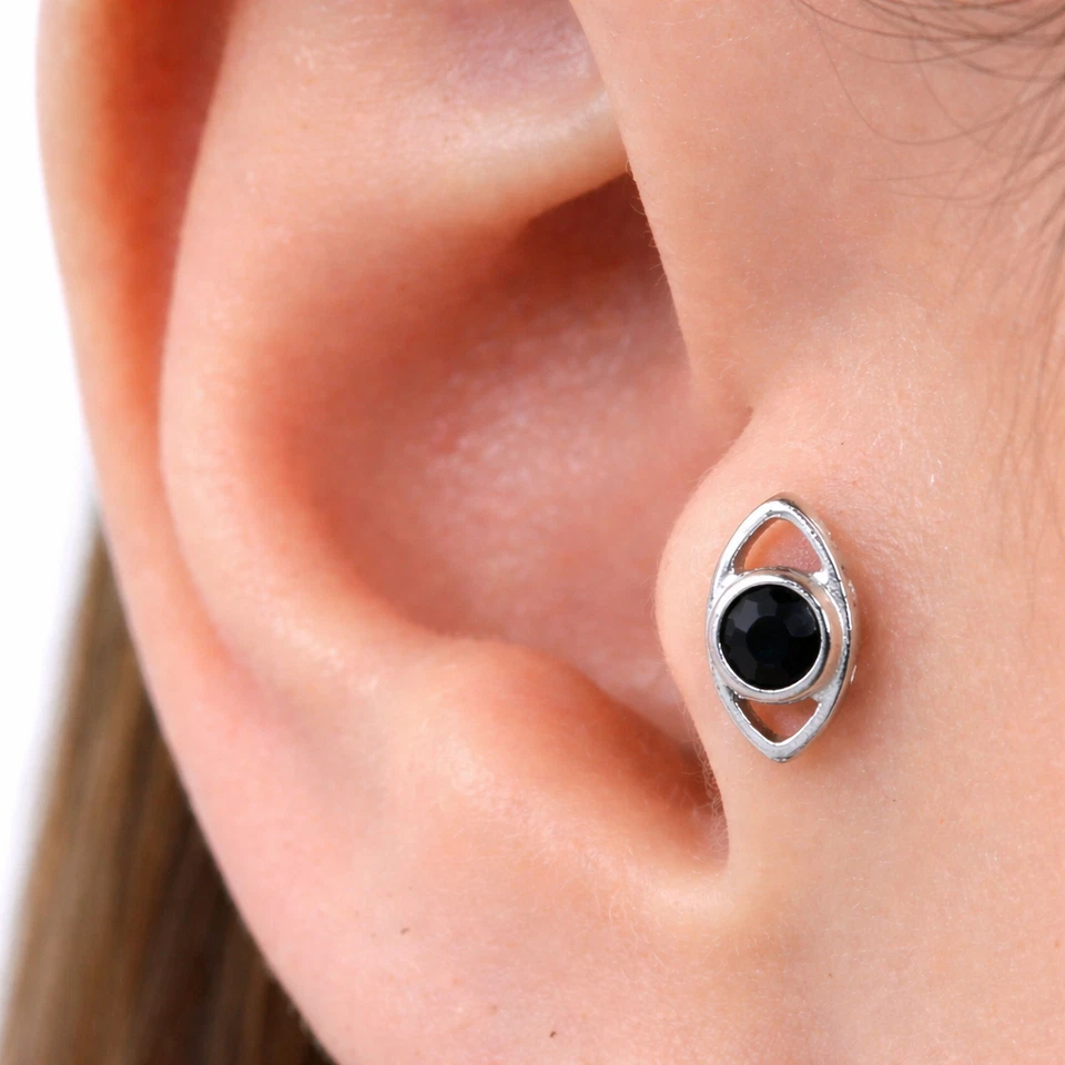 Bijoux piercing corps boucle d'oreille tragus argent sterling 925 gemme obsid... - Photo 3/4