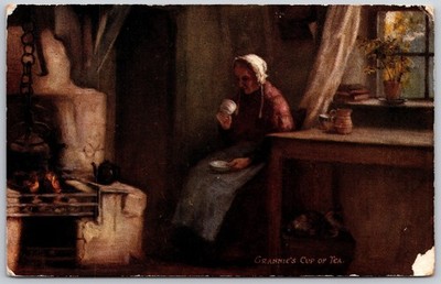 Vintage Tuck's Postcard Grannie's Cup of Tea Scottish Life Scene