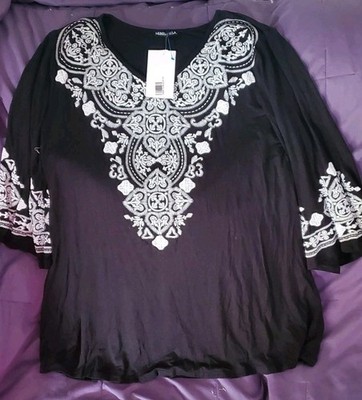 Heimish USA Womens Black Embroidered Boho Tunic Top Size XL 3/4 Sleeve