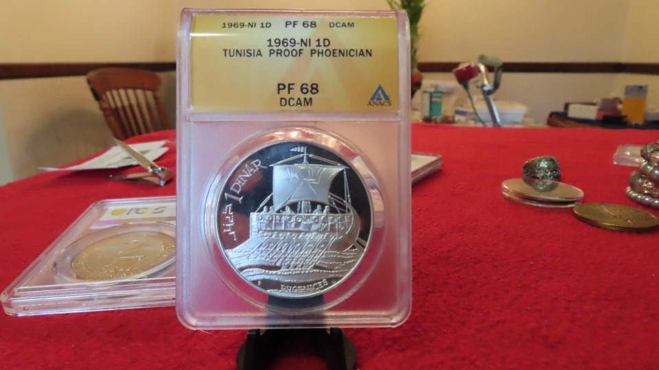 1969 TUNISIA SILVER 1 DINAR PHOENICIAN SHIP ANACS PF 68 ULTRA CAMEO PQ TOP POP - Image 2 of 3