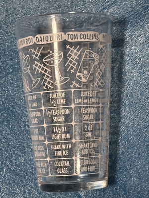 Vintage Bacardi Measuring Pint Glass Drink Recipes Cocktail Mixing Glass 1960's
