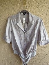 New Express Gray Small Woman  s Bodysuit Blouse Collared Thong Snaps Retail 52