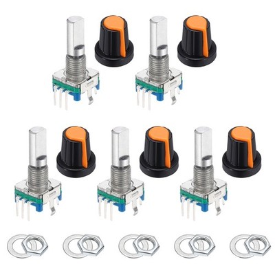 5Pcs Rotary Encoder, 20mm Full Shaft Potentiometer, with Orange Plastic Knob