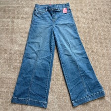Spanx Seamed Front Wide Leg Jeans Women's Large Petite Medium Wash Blue Pull On