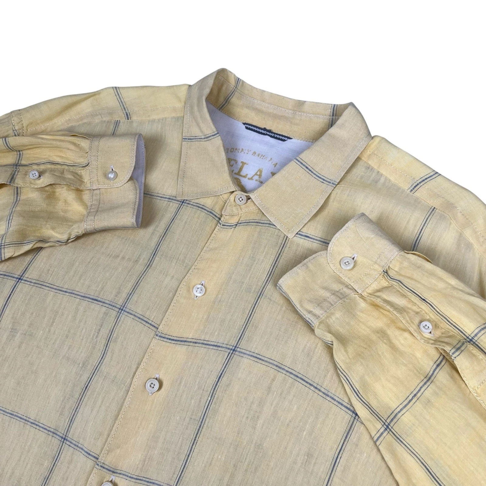 Tommy Bahama Shirt Men's XXL Relax 100% Linen Yellow Windowpane Long Sleeve