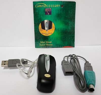 Compucessory Mini Wired Travel Mouse Model 40917 Silver Black Tested
