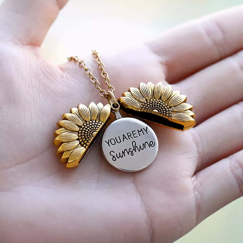 Gold You Are My Sunshine Sunflower Open Locket Pendant Necklace
