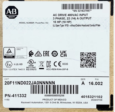 Allen Bradley 20F11ND022JA0NNNNN PowerFlex 753 750 VFD AC Drive  