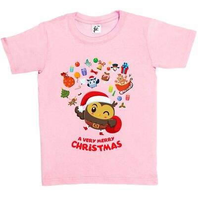 Frohe Weihnachten Eule springende Freude Katze Rentier Schlitten Kinder Jungen / Mädchen T-Shirt