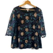 Catherines Womens Blouse Top Size 2X Black Multicolor Mesh Sheer Overlay Floral