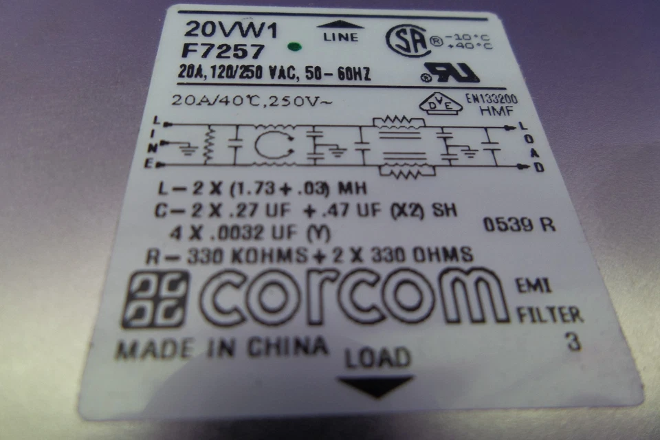 Corcom 20vw1 Power Line Filter 20A F7257, USED - Image 2 of 2