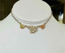 Signed "W" Tri-Color Oak Leaf 10k Gold & Silver Anklet / Small Necklace  10-3/4"