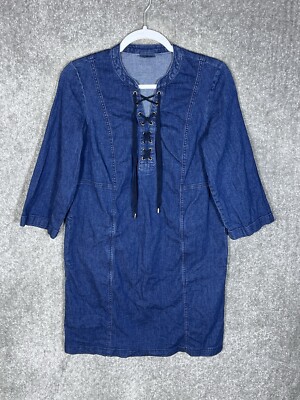 J Jill Denim Dress Womens Size Small Blue Lace Up Front Pockets 3/4 Sleeve  | eBay