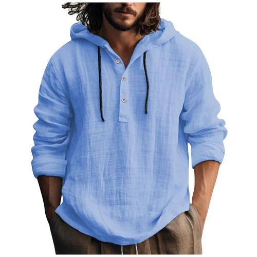 Men's Cotton Linen Hoodies Drawstring Button Hooded Swaeatshirts T Shirts Tops - Bild 18 von 41