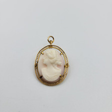 Pink Cameo Left Facing High Relief Brooch Pendant 10kt Gold Makers Mark Antique