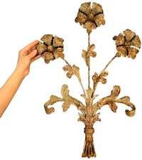 VINTAGE FRENCH TOLEWARE FLORAL WALL HANGING RUSTY PALE SAGE 1950s