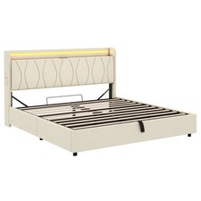 Upholstered Ottoman Storage Bed Frame 5ft King with Storage Headboard, LED Beige