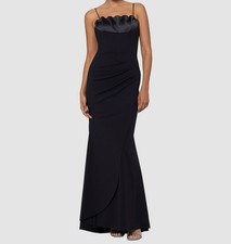 Xscape Women's Black Scuba Crepe Satin Trim Ruched Straight Neck Dress Size 12