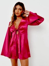 MISSGUIDED SATIN TIE FRONT FLARE SLEEVES HOT PINK PLAYSUIT SIZE 8 (read details)