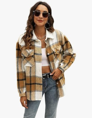 Womens Plaid Shacket Button Down Fall Flannel Shirt Jacket Khaki, XL NWOT