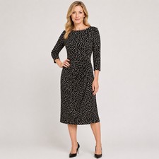 Lauren Ralph Lauren Dress 12 Black Tan Leopard Print Ruched Sheath Boat Neck
