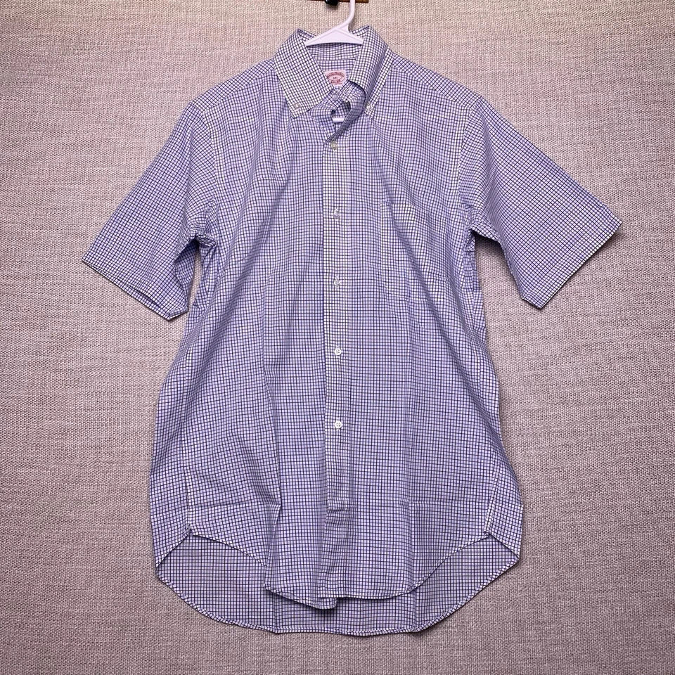 70s Brooks Brothers Shirt 14.5 Mens S/S 6 Button Down Blue Graph Check VGUC - Image 2 of 4