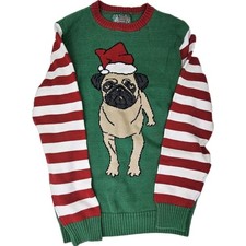 Ugly Christmas Sweater Mens XL Green Pug Santa Hat Striped Sleeves Holiday Knit