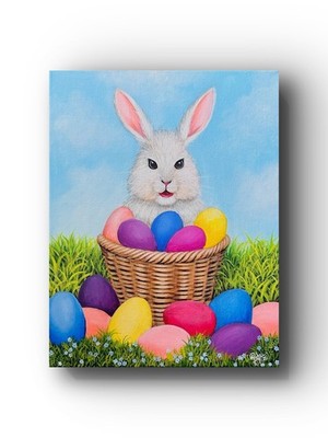 Original Painting Easter Bunny With Eggs Small Artwork Rabbit Portrait Signed