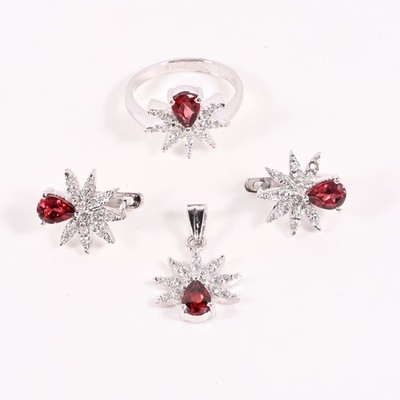 Natural Garnet Jewelry Set 925 Sterling Silver Pear Shape Ring Earrings Pendant