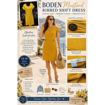 Boden Mustard Yellow Ribbed Shift Dress Short Sleeve Nautical Button Size S M