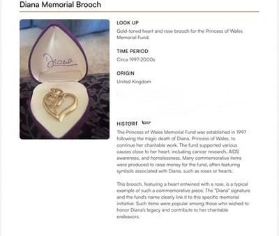 1997 Gilded  Englands Rose  Princess Diana Memorial Brooch 