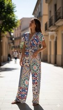 Zara Jumpsuit Size M Satin Multicoloured Sleeveless Printed Wide Leg New