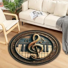 Music-Themed Piano Keyboard Rug with TrebleClef & Musical Notes - Non-Slip Round