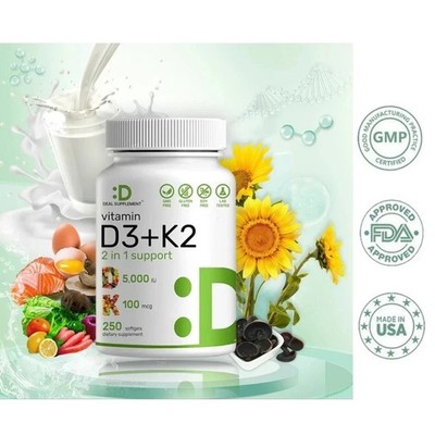 Vitamin D3 5000 IU & K2 100 mcg   2-in-1 Complex, 250 Softgels for Heart Health