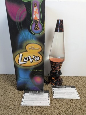 Rare VTG Lava Lite #15 Clear/Orange 17'' 32oz Lava Motion Lamp Cheetah Base w/Box