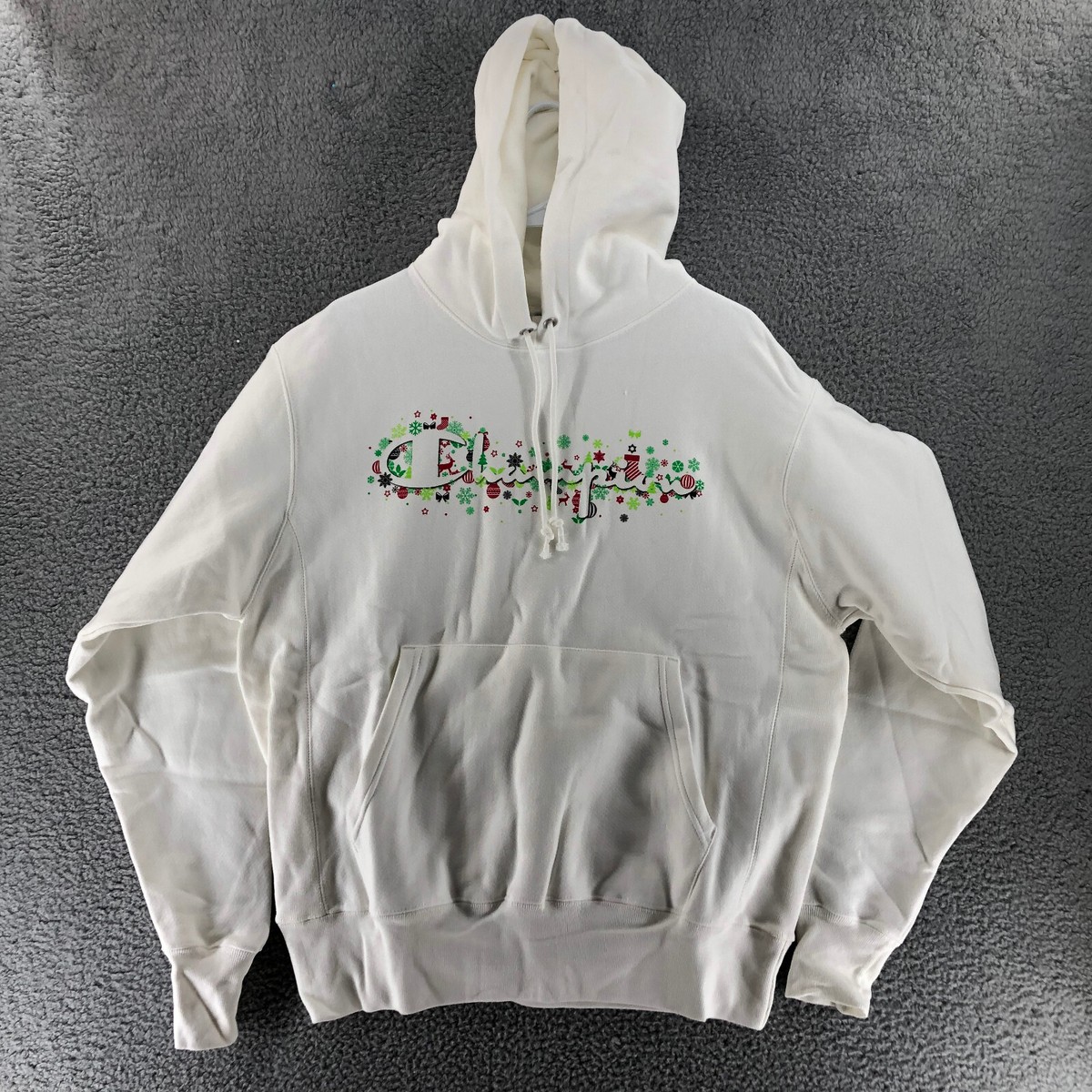 Champion Reverse Weave Hoodie Holiday Joy White Pullover Men's