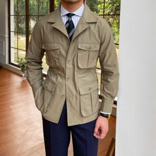 Vintage Mens Safari Jacket Four Pockets Hunting Coats Slim Fit Khaki Beige Plus