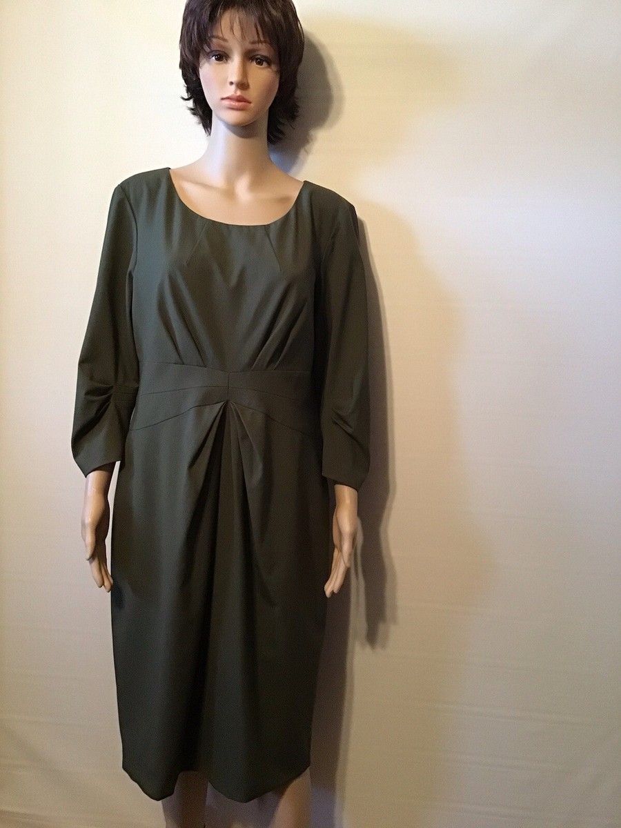 Lafayette 148 Dress Wool Blend Center Pleat 3/4 Sleeve Olive Green Size 10 Lafayette 148 Dress Wool Blend Center Pleat 3/4 Sleeve Olive Green Size 10