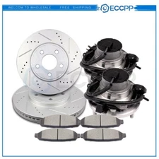 Front Drill Brake Rotor Ceramic Pads & Wheel Hub Bearings For Lincoln Town Car