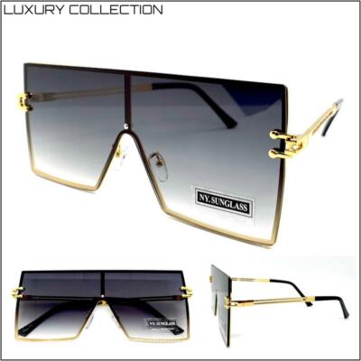 Oversized Exaggerated Retro Shield Style SUN GLASSES Gold Metal Frame Flat Lens