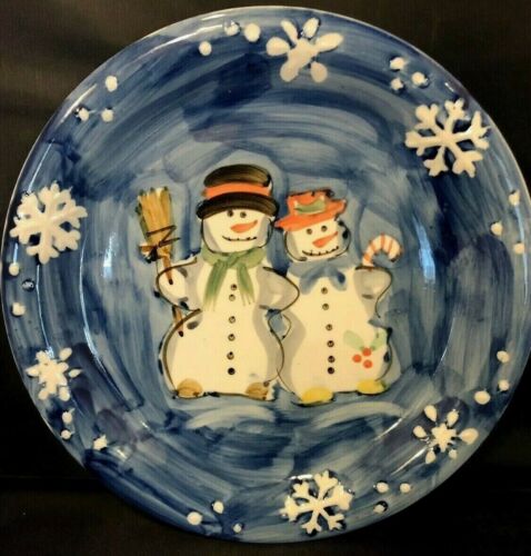 Snow Couple Plate By Table Tops Unlimited 10.5" Hand Painted Blue Embossed Edges - Picture 1 of 4