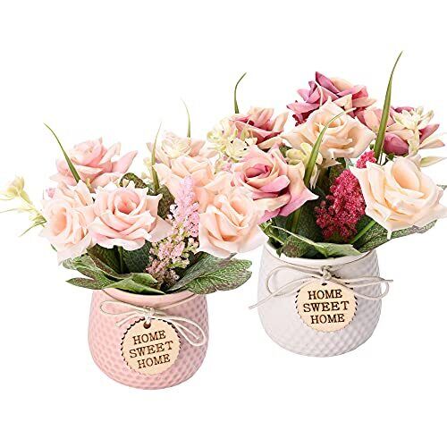 Artificial Flowers with Vase, 2pcs Silk Roses in Pot, Fake Flowers Pink - Picture 2 of 8