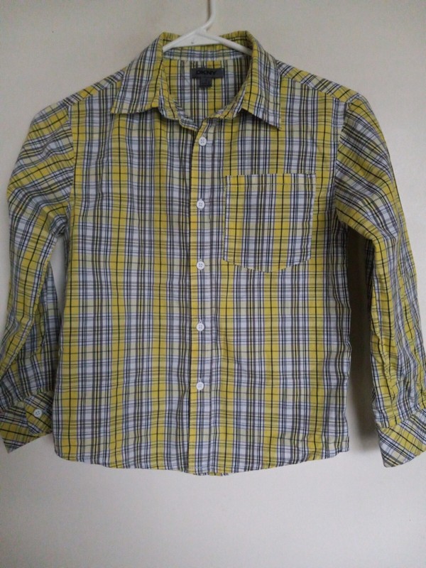 DKNY Boys White Yellow Black plaid Long Sleeve Shirt Size 7